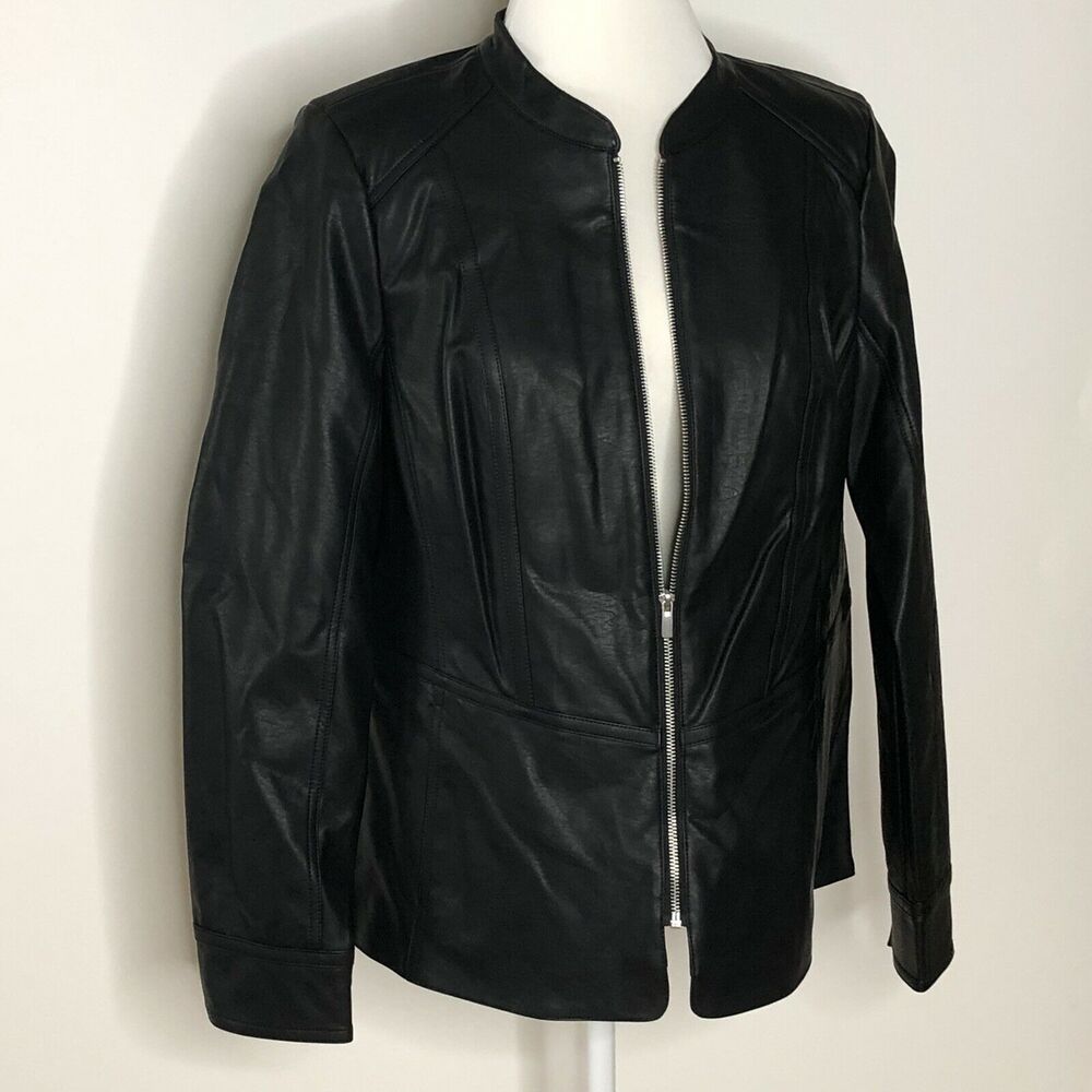 Denim & Co. Womens Jacket Faux Leather Zip Front Black Medium NEW